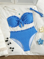 Vintage Coffee Plaid Print Bikini Set Women Bandeau Front Tie Push Up Bra High Waist Swimwear 2026 Beach Bathing Suit Swimsuit