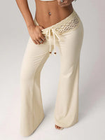 2026 New Women Elegant Solid Color Lace Trim High Waist Wide Leg Pants Casual Loose Palazzo Trousers