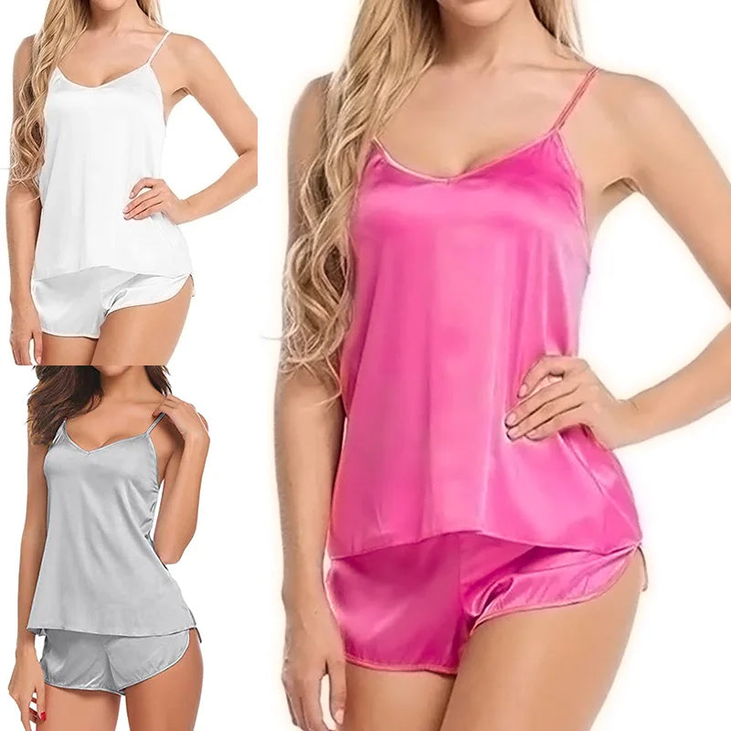 Women Satin Pajama Shorts Sets Mujer Strap Sleeveless Sexy Sleepwear Suit 2PCSV-Neck Cami Top Short Lingerie Female Nightwear