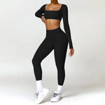 Hearuisavy Summer 2PCS Long Sleeve Gym Set Women Yoga Clothes Quick-Drying Sportswear Running Leggings Workout Sports Crop Top