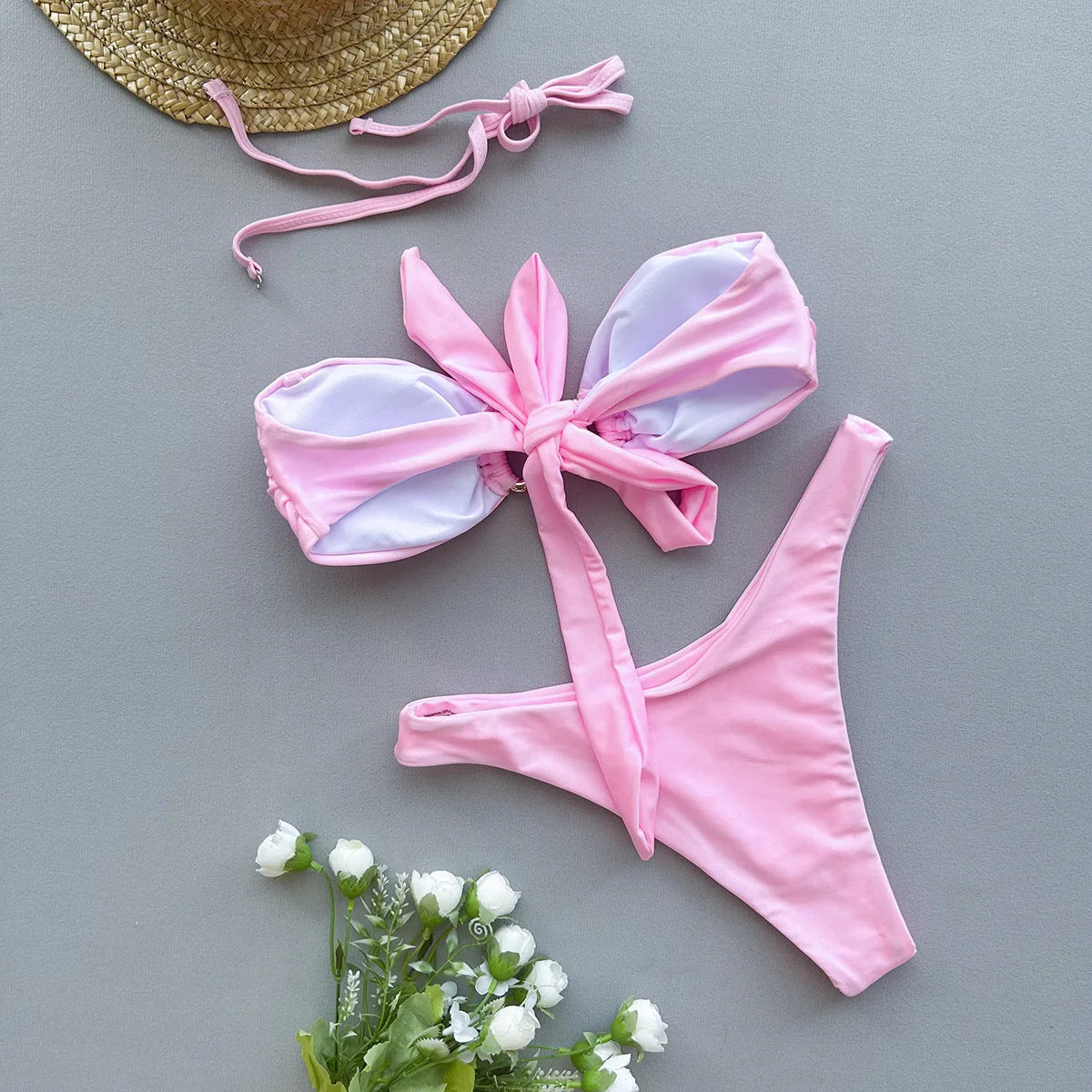 DEKA Bandeau Bikini Summer Beach Classic Strapless Swimsuit Women Sexy Tie Side Shiny Metal Hardware Ring Bandeau Bikni Beach