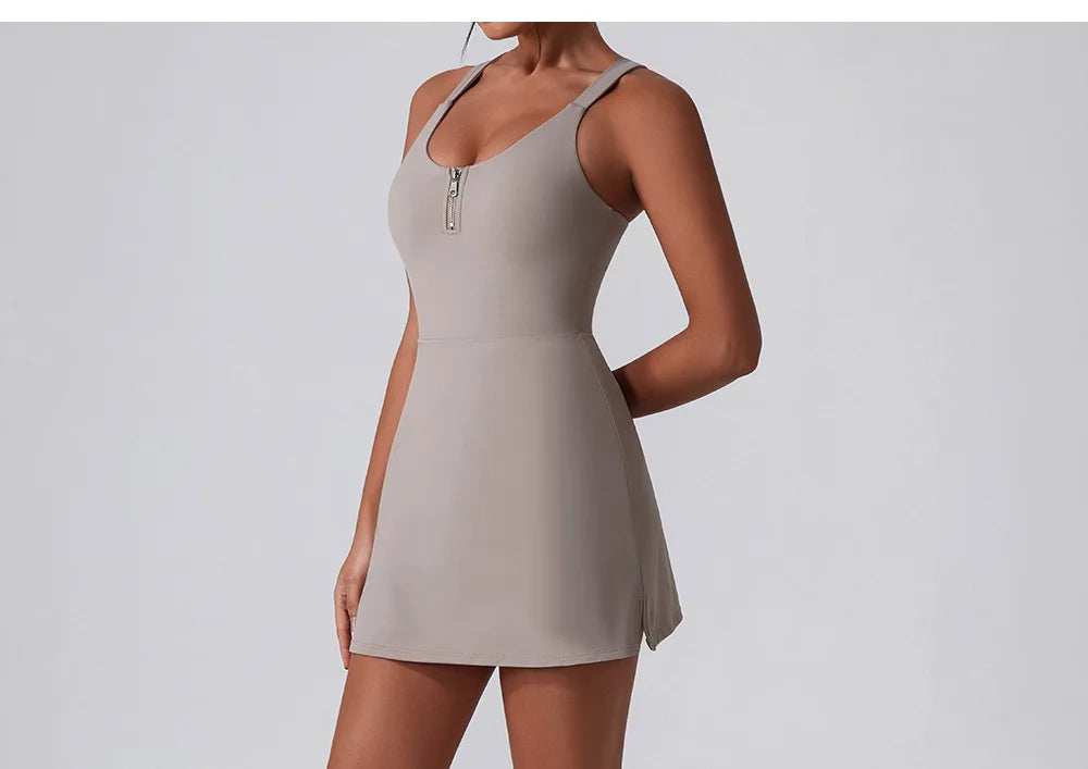 Front Zipper Tennis Dresses Women Summer Sleeveless Sports Athletic Dress Outdoor Cross Backless Pocket Short Workout Skirts