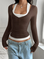 Women's Y2K Fake Two Piece Long Sleeve Cami Top, Fashion Slim Fit Sexy Streetwear T-Shirt