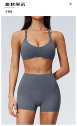 2 Piece Summer Yoga Sets for Women Hollow Back Cross Sports Bra Fitness Clothes Tight High Waist Shorts Running Workout Clothes