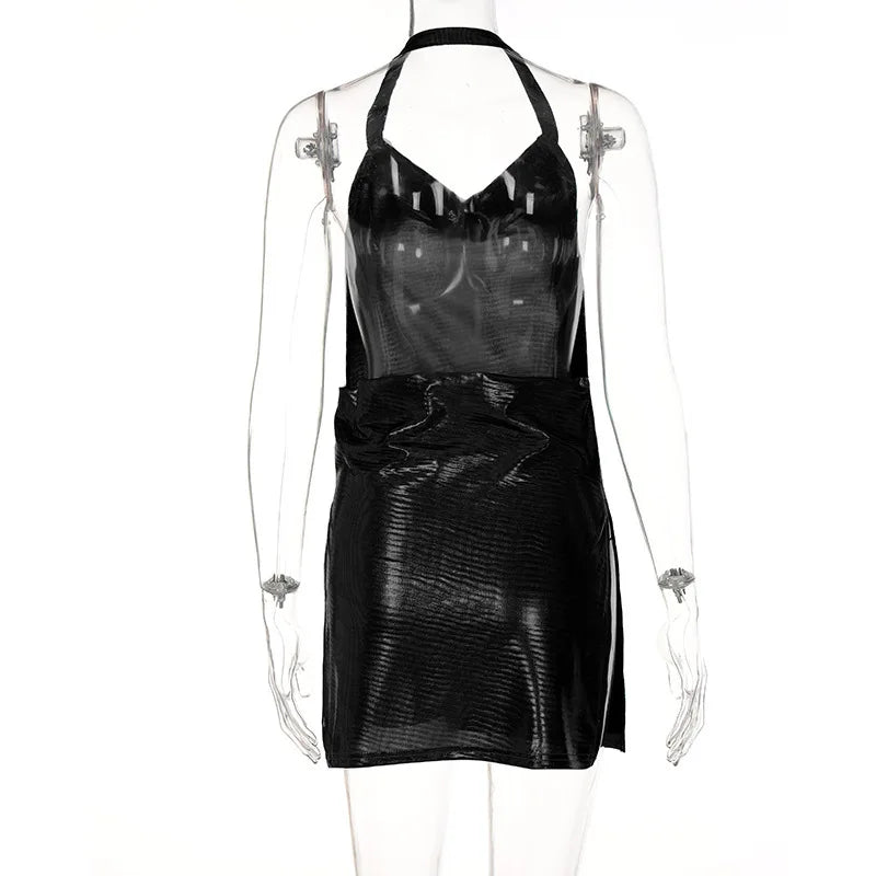 Sexy Hot Girl Slim Halter Neck Mini Dress Fold V-neck Low Cut Backless Bodycon Slit Short Dresses Streetwear Lady Party Vestidos