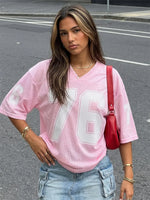 Womens Sporty Jersey Shirts Graphic Number Print Short Sleeve V Neck Loose Fit Tee Tops Summer Casual T-shirt Streetwear