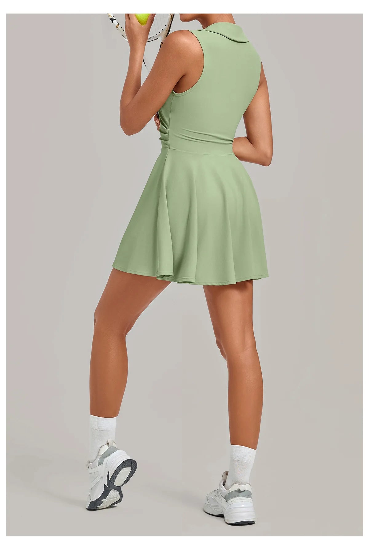 Summer Women Solid Tennis Dresses Sleeveless Turn Down Collar Pleated Skirts with Detachable Pocket Shorts Slim Yoga Golf Dress
