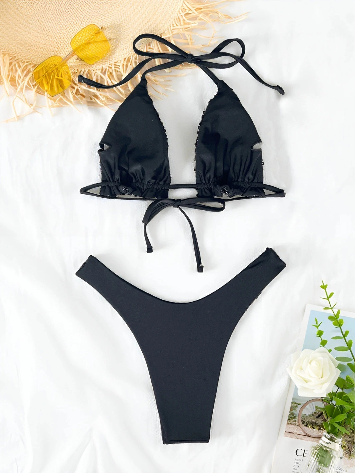 DEKA Triangle Sequins Bikini Set Beach Style Swimsuit Women Sexy Halter Swimwear Solid Thong Female Bikini Bathing Suit Mujer
