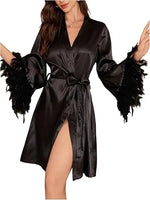 Women Robe Satin Vestidos De Novia Short Kimono Summer New Party Sleepwear Lady Sexy Feather Trim Home Clothing Bathrobe Gown