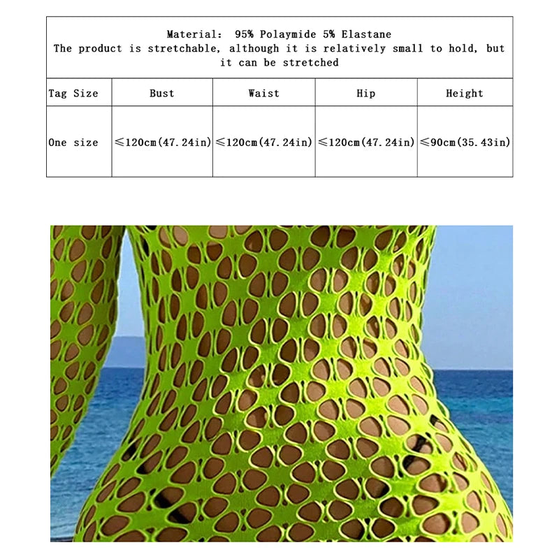 Women Sheer Mesh Long Sleeve Beach Cover Up, Sexy See-Through Fishnet Dress, Solid BodyconFor Summer Beach Party