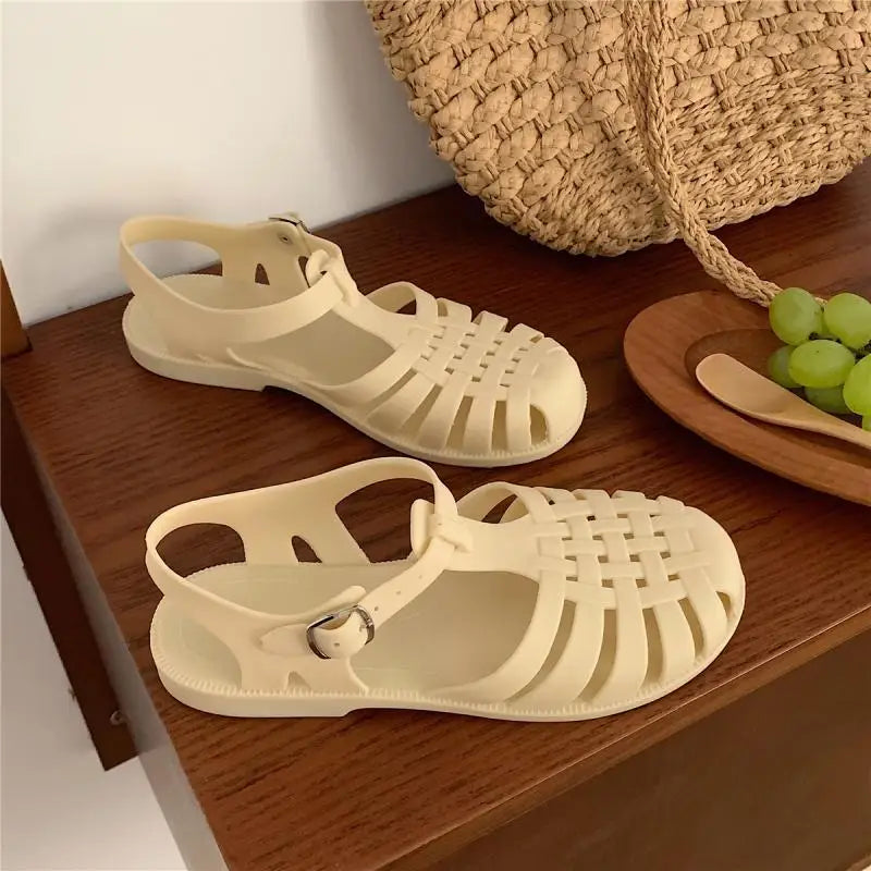Women Rome Sandals Cut-out Gladiator Style Summer Shoes Soft PVC Peep Toe Girls Student Street Outdoor Sandals