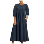 Womens Casual Summer Cotton Dress With Pockets 3/4 Sleeve Loose Midi Shirt Dress Women Dresses With Short Sleeves Vestidos