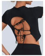 Yoga Short Sleeved T-shirt Women Hollow Back Bandage Tie Cross Sports Tank Top with Chest Gym Running Active Wear Fitness Shirts