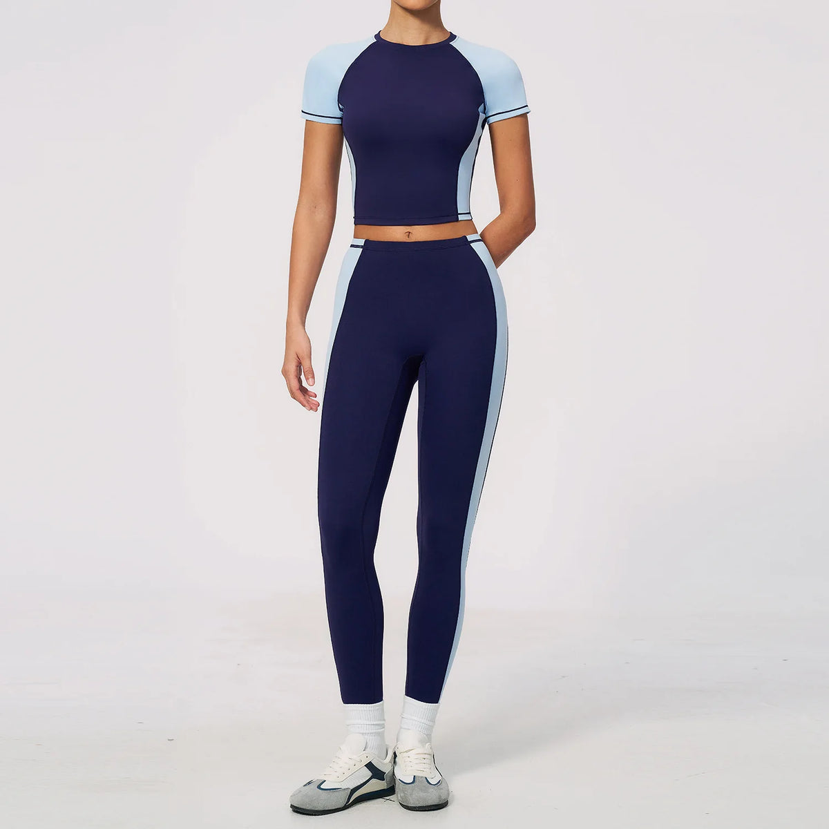 Nake Yoga Set Women's Tracksuit Color Contrast Short Sleeve Slim Sports T Shirts High Waist Leggings Fitness Clothes Gym Outfits