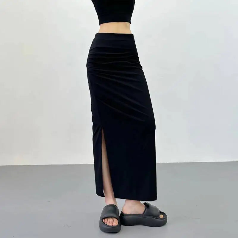 2026 New Pleated Side High Slit Half Length Skirt Women's Summer Spicy Girl Pure Desire Slim Wrap Hip Solid A-line Skirt 7MHN