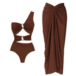 2Pcs Deep V Swimsuit With Long Skirt Women Sexy Swimwear Female Bikini Cut Out Biquini Swim Suit Shiny Button Bodysuit Beachwear
