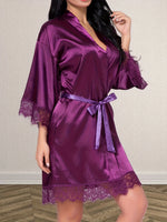 Women's Satin Robe Lace Trim Short Sleeve Belted Bathrobe Lightweight Silky Sleepwear for Home Bridal Nightwear