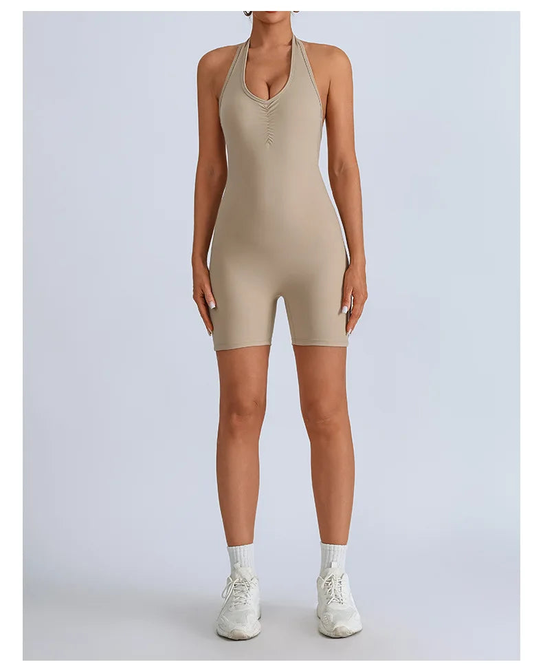 Summer Yoga Jumpsuit Back Hollow Out Bandage Pleate Pocket Shorts Sports One Piece Suits Butt Lifting Fitness Workout Bodysuit