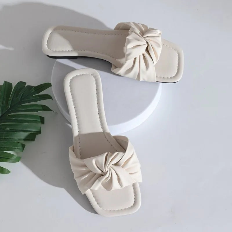 Sweet PU Bow Beachwear Flip Flops Soft Sole Anti Slip Clip Toe Flip Flops Sweet Shoes Flat Slippers