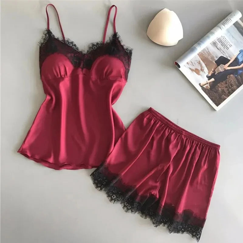 Women Pajama Set Fashion V Neck Stretch Satin Babydoll Lace Sexy Lingerie Bowknot Nightgown Sleep Shorts Set Sleepwear