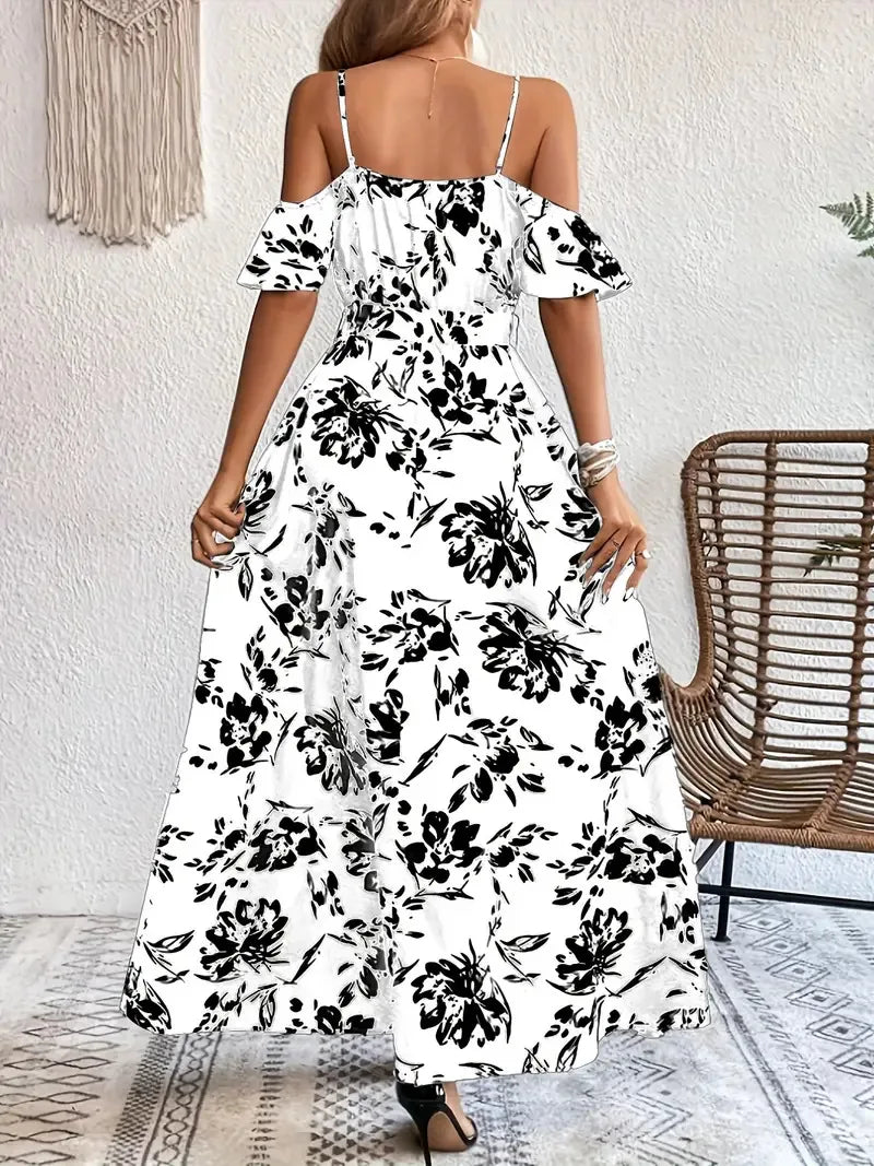 New Summer Women Print Dress 2025 Fashion ElegantVacation Party Short Sleeve Slim V-neck Slit Long Dresses Vestidos Para Mujer