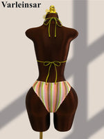 Striped Colorful Halter Cut Out One Piece Swimsuit Women Swimwear Female Monokini High Leg Cut Bather Bathing Suit Swim V8304