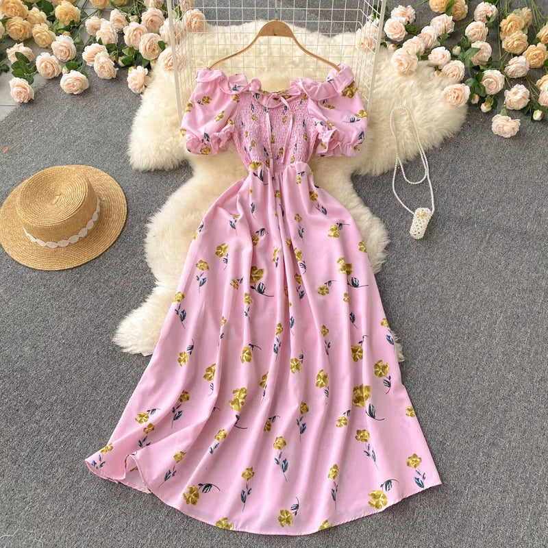 2025 Summer French Vintage Floral Dress Fashion Elegant High-Waisted Drawstring Vestidos Printed Fresh And Sweet Long Dresses