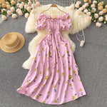 2025 Summer French Vintage Floral Dress Fashion Elegant High-Waisted Drawstring Vestidos Printed Fresh And Sweet Long Dresses