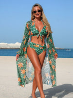 Blue Leopard Print Bikini Set Large Size Women Front Tie Push Up High Waist Swimsuit 2026 Long Sleeve Cover Up 3 Piece Swimsuit