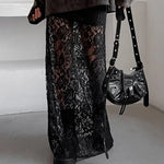 Women's Summer Lace Long Skirts Elegant Low Waist Solid Color See-Through Midi Skirts Slim Fit Skirts