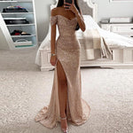 Evening Party Prom Dress Elegant V-Neck Off Shoulder Dress Sequin Pleated Short Sleeve Waist Tight Slim Sexy Split Long Dress