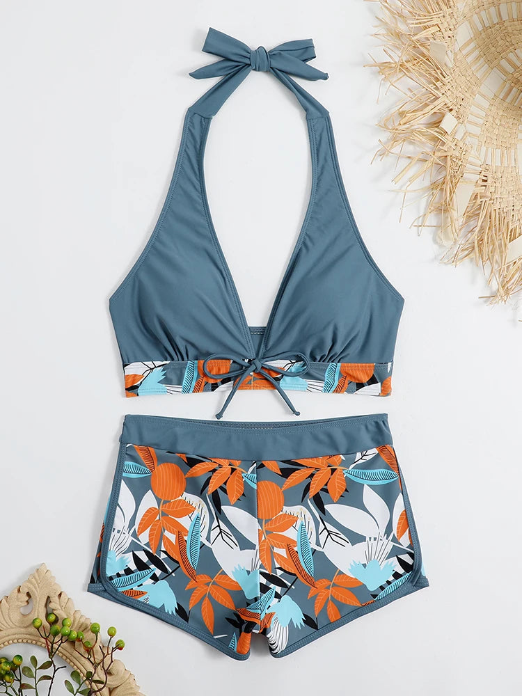 2026 Halter Bikini Set Short Swimsuit Women High Waist Swimwear Female Printed Bathers Swimming Bathing Swim Suit Beachwear
