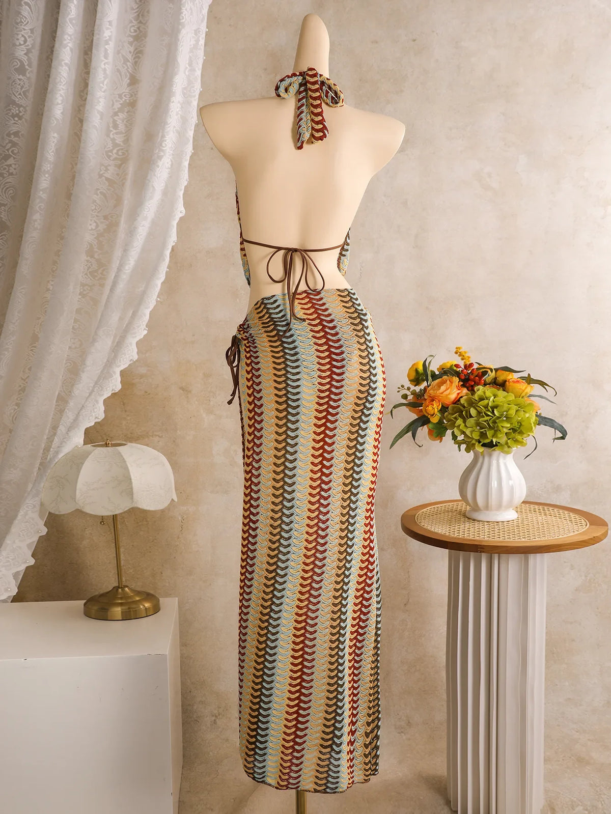 Bohemia Style Coffee Striped Bikini Set 2026 Women Cover Up+Long Skirt 4 Piece Swimsuit Summer Holiday Bathing Suit Swimwear