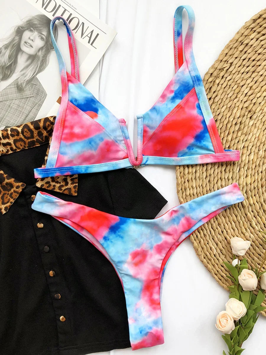 S - XL Splicing V Shaped Thong Bikini Women Swimsuit Female Swimwear Two Pieces Bikini Set Bather Push Up Bathing Suit Swim Lady