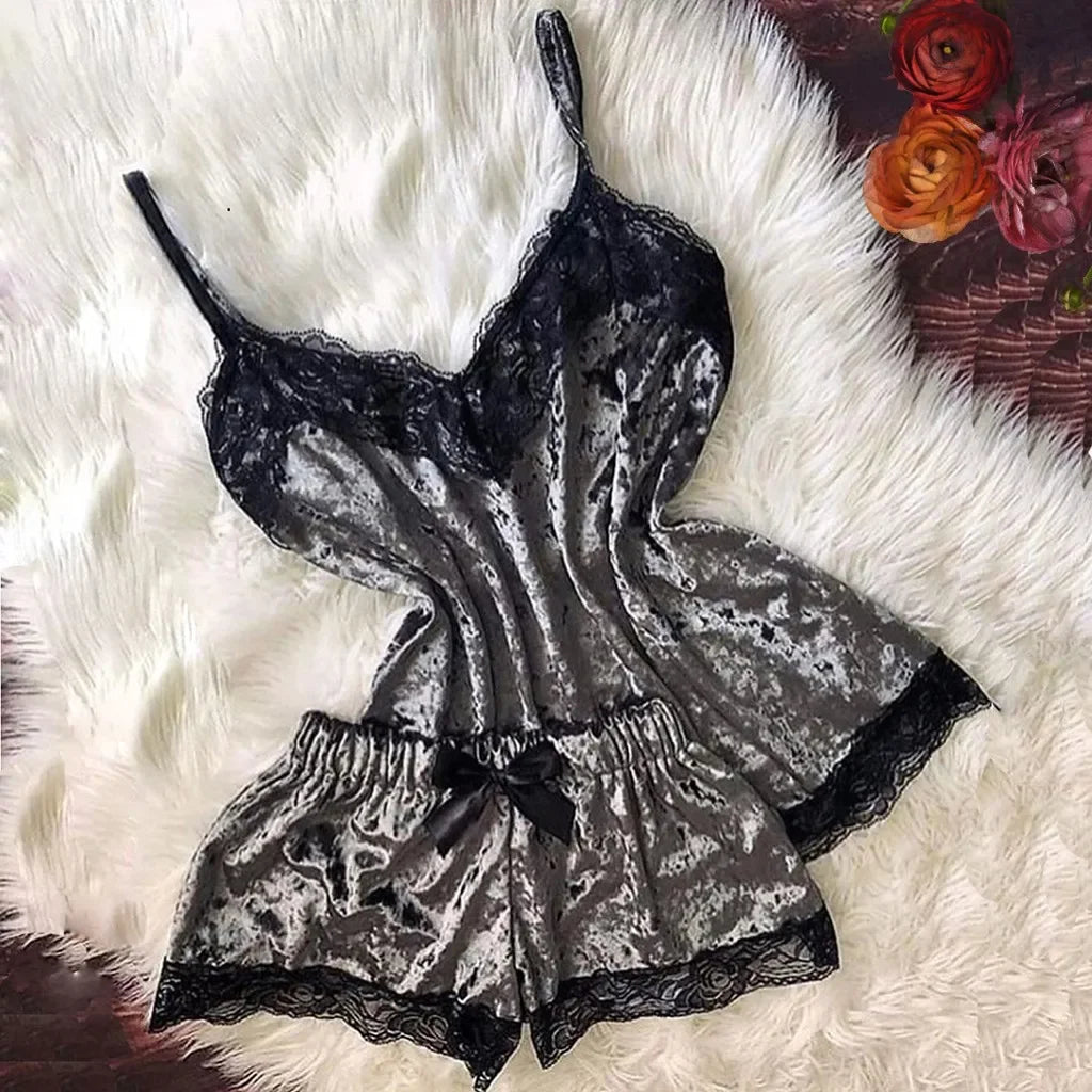 Summer Velvet Pyjamas Set for Women Sleepwear Sleeveless Straps Nightwear Lace Trim Cami Top and Shorts Sets Sexy Lingerie