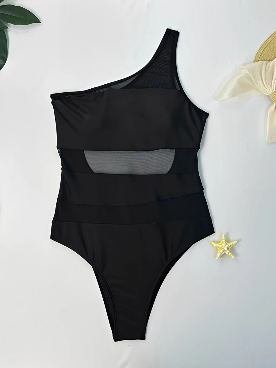 2026 Mesh Swimsuit Women One Piece Shoulder Padded Swimwear Female Sexy Bathers Bathing Swimming Swim Suit Beachwear XL