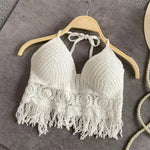 Boho Crochet Halter Top for Women Summer Beach Knit Crop Top with Tassels Backless Sleeveless Bralette