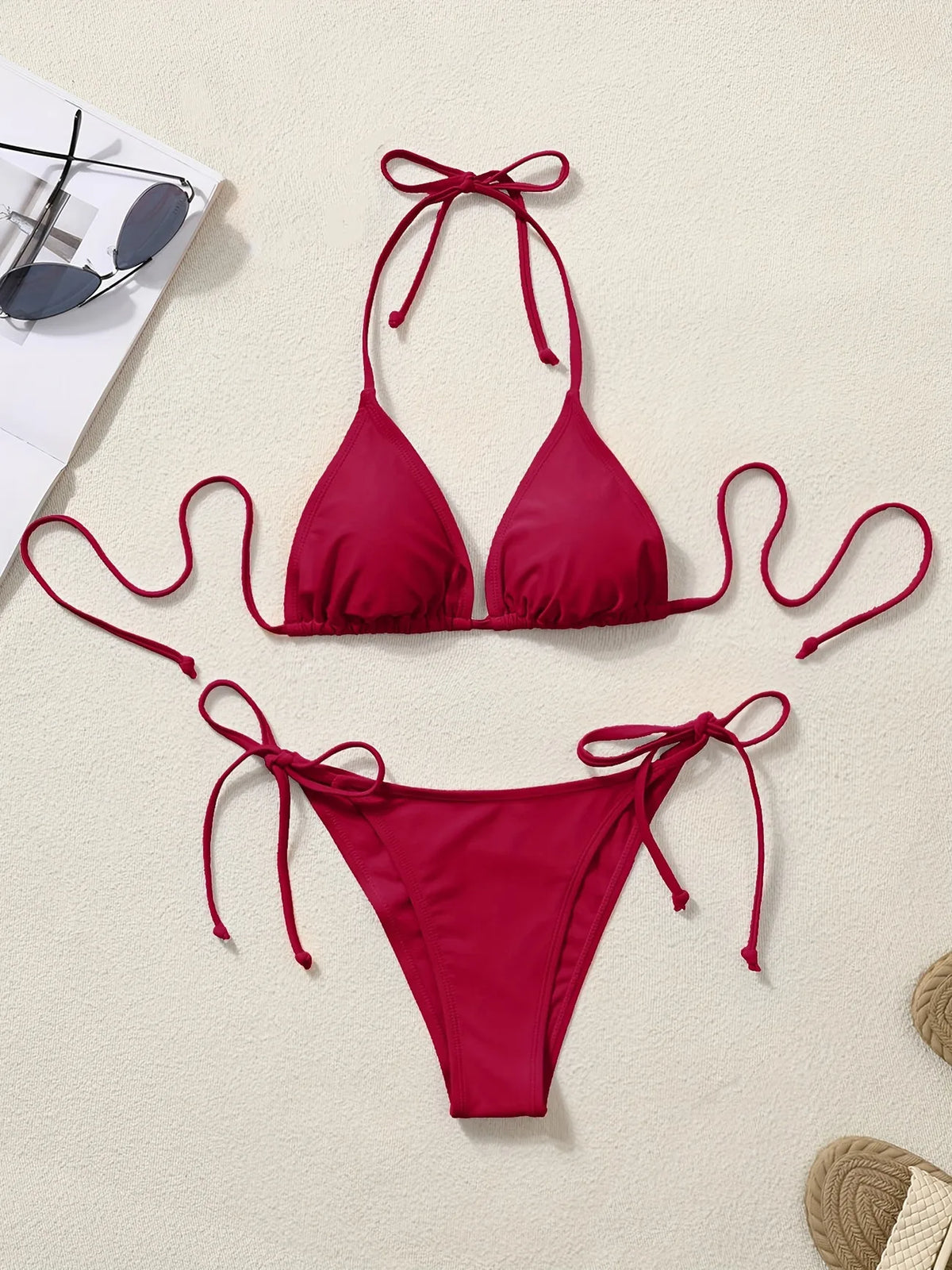 Women Bikini Set Solid Color Triangle Halter Neck Tie Side Two Piece Swimsuit Adjustable String Swimwear for Beach Vacation