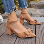 Women's Bowknot Ankle Strap Block Heel Pointed Toe Pumps for Wedding Party