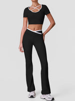 Summer Quick Drying Yoga Sets Women Black Patchwork Short Sleeve Cross Neck Sports Top High Waist Flared Pants Fitness Suits