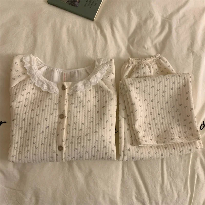 Plus Size Air Cotton Long Sve Thiened Cotton Lace Floral Home Clothes Set for Women Sweet Sle Autumn Winter Pjamas for Women