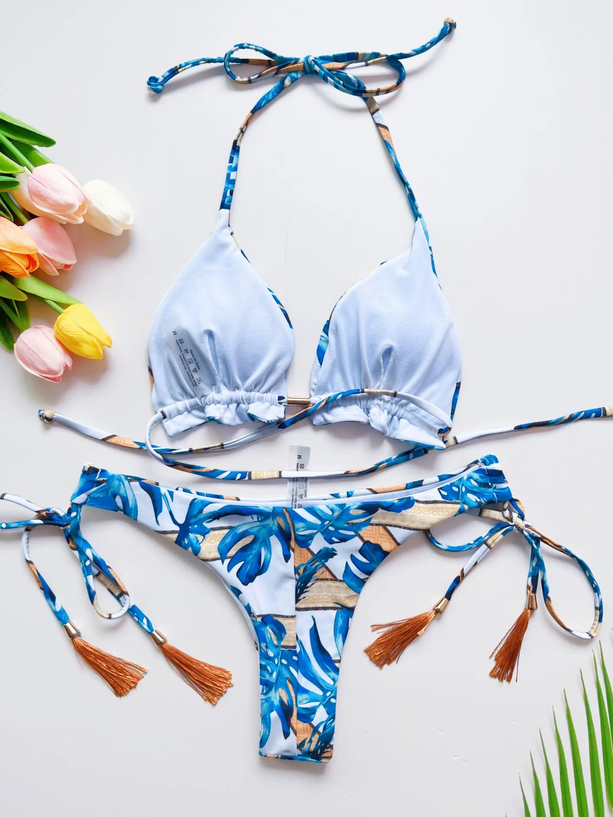 Sexy print women's bikini swimsuit split set with straps and tassels 2-piece set for summer beach swimsuit