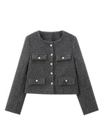 Foridol Tweed Knitted Dark Grey Blazer Coat Women Autumn Winter Gingham Short Coat Office Lady Vintage Buttons Veste