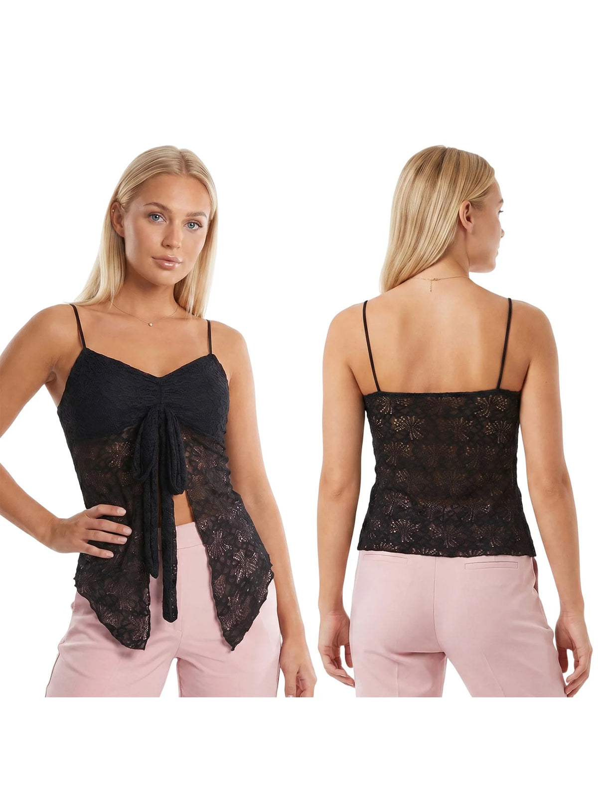 Women’s Solid Color Lace Halter Tank Tops Summer Fashionable Spaghetti Strap Handkerchief Hem Sheer Camis Tops