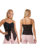 Women’s Spaghetti Strap Tank Tops Summer Sleeveless Tie Split Front Lace Sheer Vest Retro Sexy Corset Streetwear