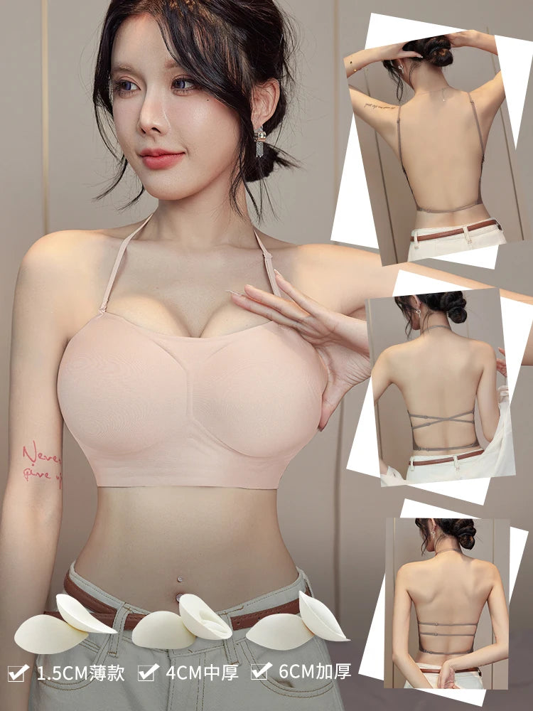 MOYISU Low Back Bra Small Chest -Thickened Pads Convertible Straps Seamless Enhancer for Dresses Elegant Exposed Shoulder Design