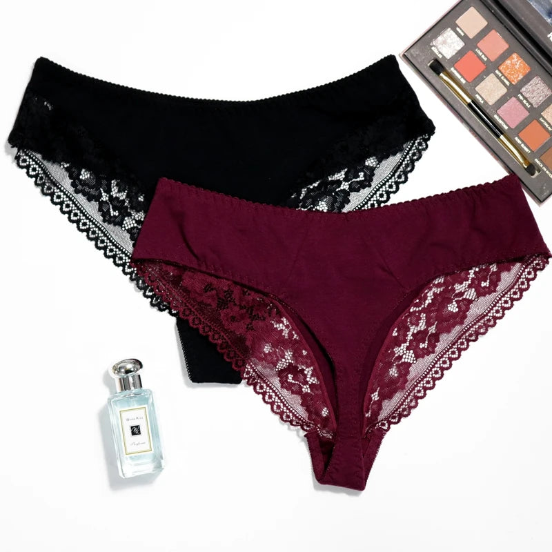 BEAUWEAR 2pcs/Lot female lingerie 0XL-5XL large size thong pantys for women plus size lace thin cotton G-string briefs solid