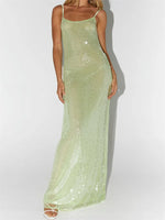 Women Shiny Sequins Dress Summer Draped Backless Spaghetti Strap Party Dress for Vacation Cocktail Beach Streetwear