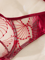 Sexy Red Floral Embroidery Lace Bra Thong Set Women Sheer Mesh Satin Trim 2‑Piece Intimate Lingerie Underwear Sleepwear ZA825287