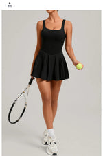 New Large Backless Tennis Dresses Women Solid Color Sleeveless Glare Pleated Yoga Skirt with Pocket Shorts Running Fitness Dress